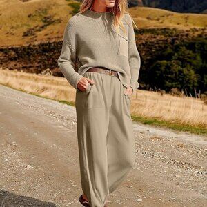Anrabess Beige Knit Lounge Set (Sweater & Jogger Pants)